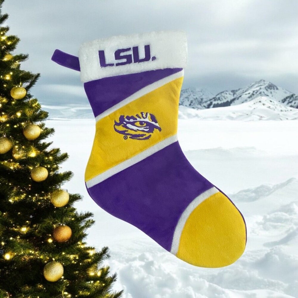 LSU Tigers Holiday Stocking Purple Yellow Embroider Plush Christmas Stocking NEW